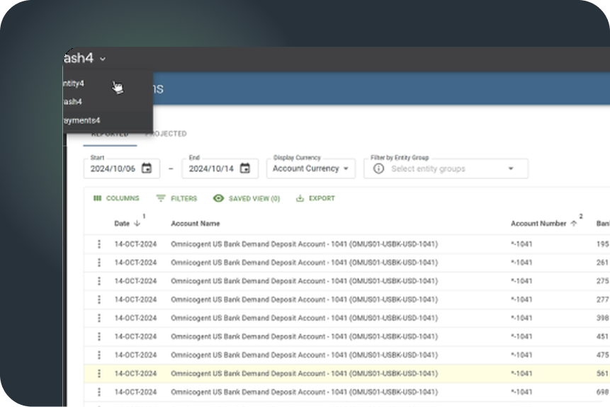 Treasury4 bank transaction list with the module switcher open